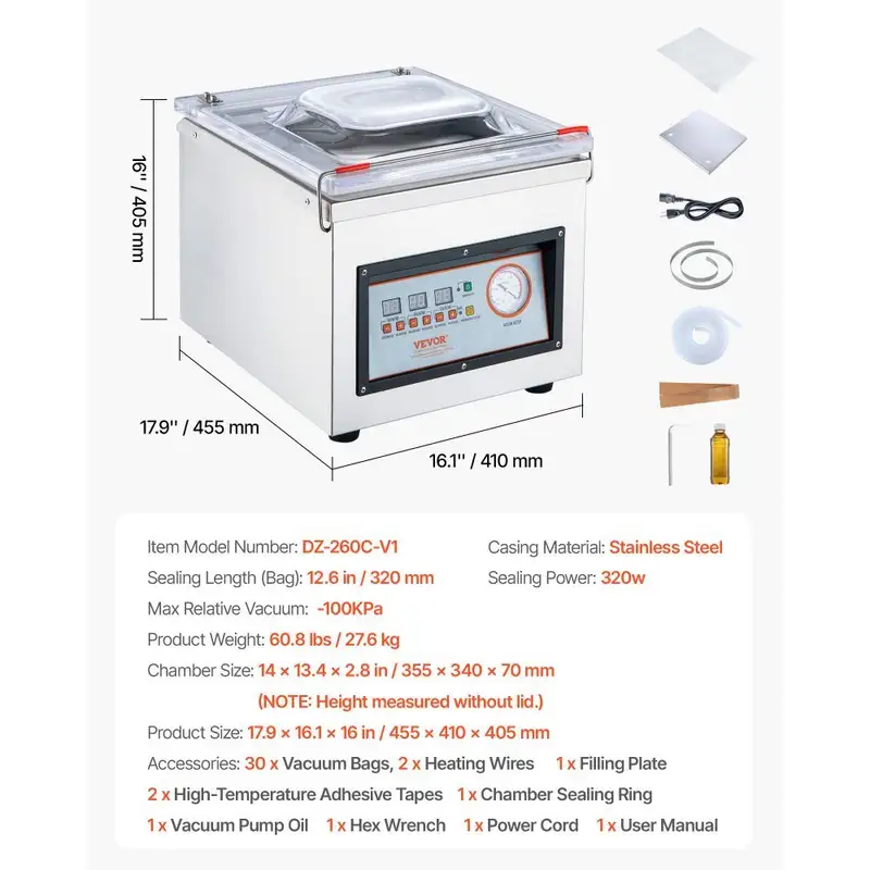 VEVOR DZ-260C Chamber Vacuum Sealer 320mm (320W, Stainless Steel) 7